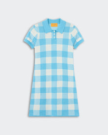Gingham Polo Dress - Swimming Pool/Cream, a short-sleeve knit dress featuring a classic check pattern in bright blue and cream, with a polo collar and three-button placket, laid flat.