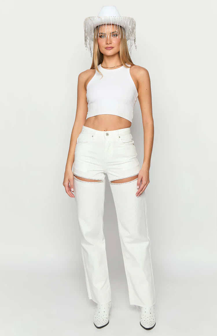 Gem Diamante Trim Wide Leg Denim Jeans | White