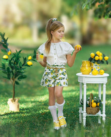 Girl | Amalfi Lemon Print Linen Blouse and Shorts Set | White x Green x Yellow