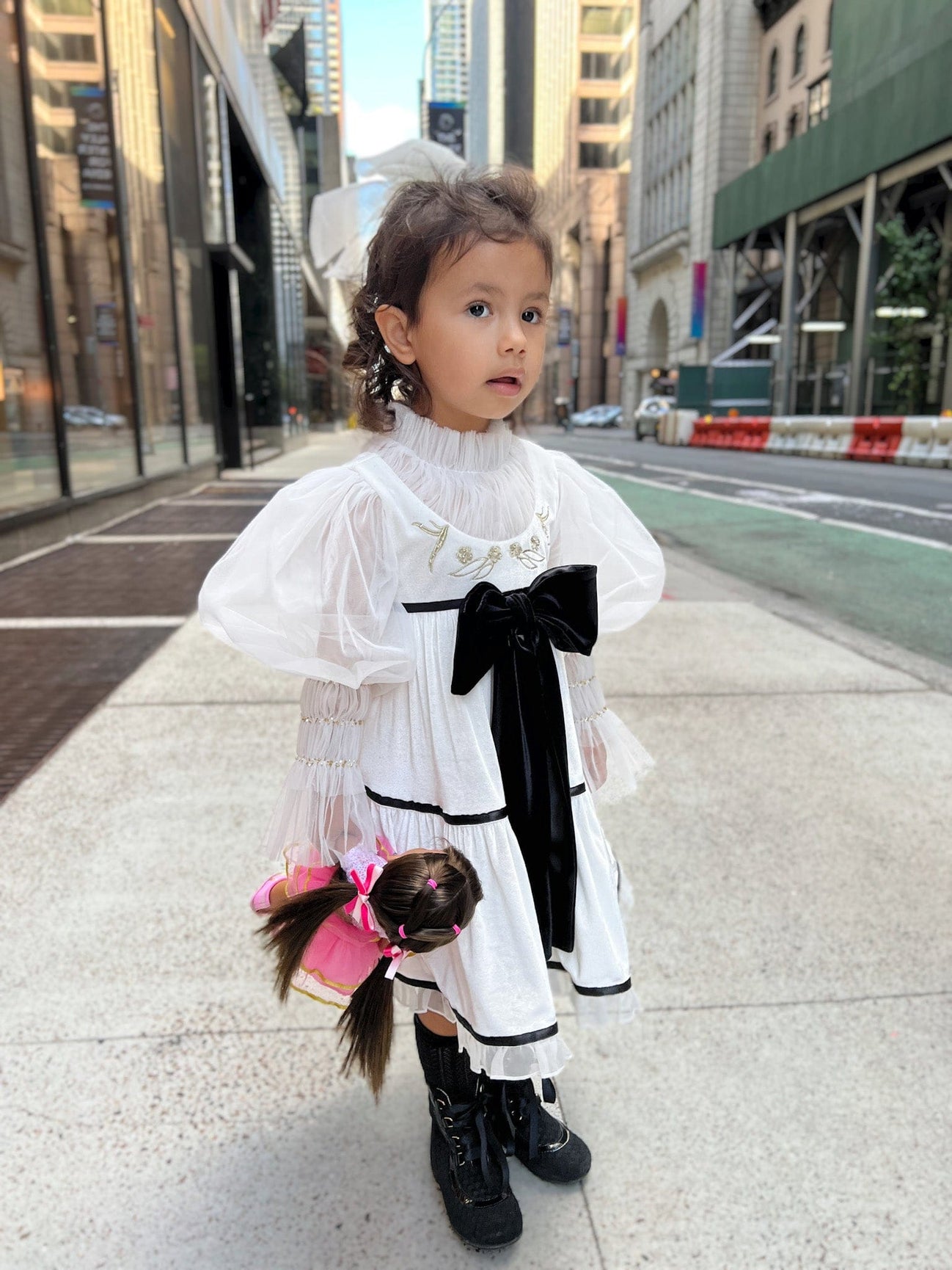 Girl | Aurora Ivory Velour Dress with Tulle Puff Sleeves