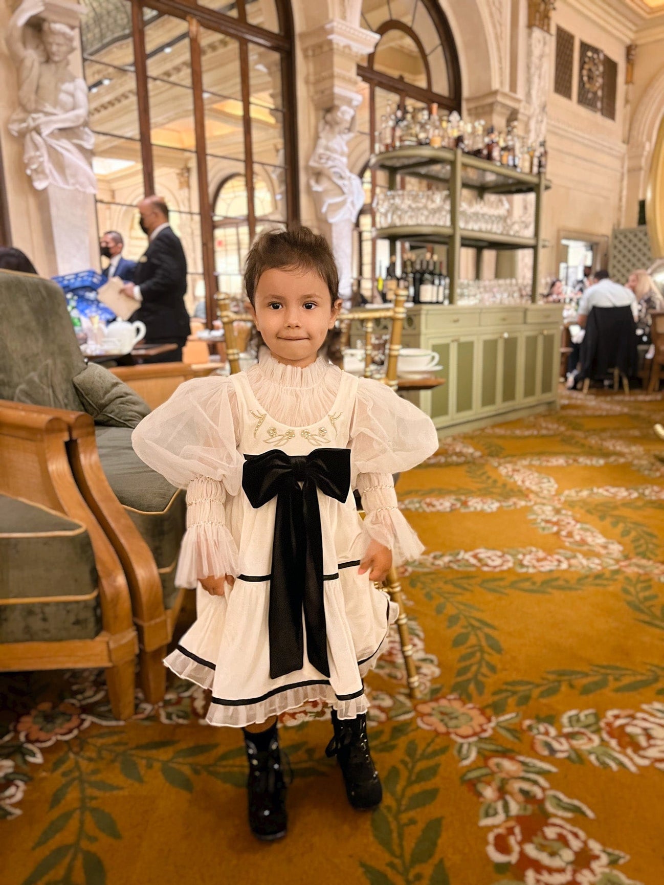 Girl | Aurora Ivory Velour Dress with Tulle Puff Sleeves