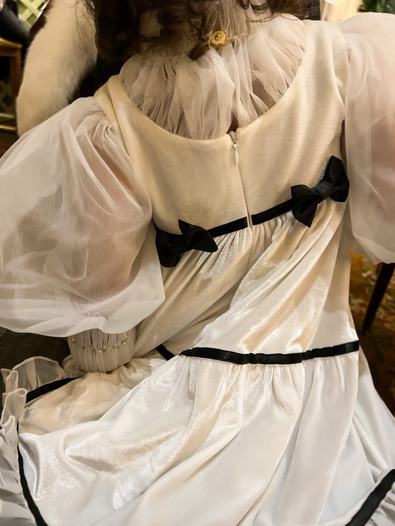 Girl | Aurora Ivory Velour Dress with Tulle Puff Sleeves
