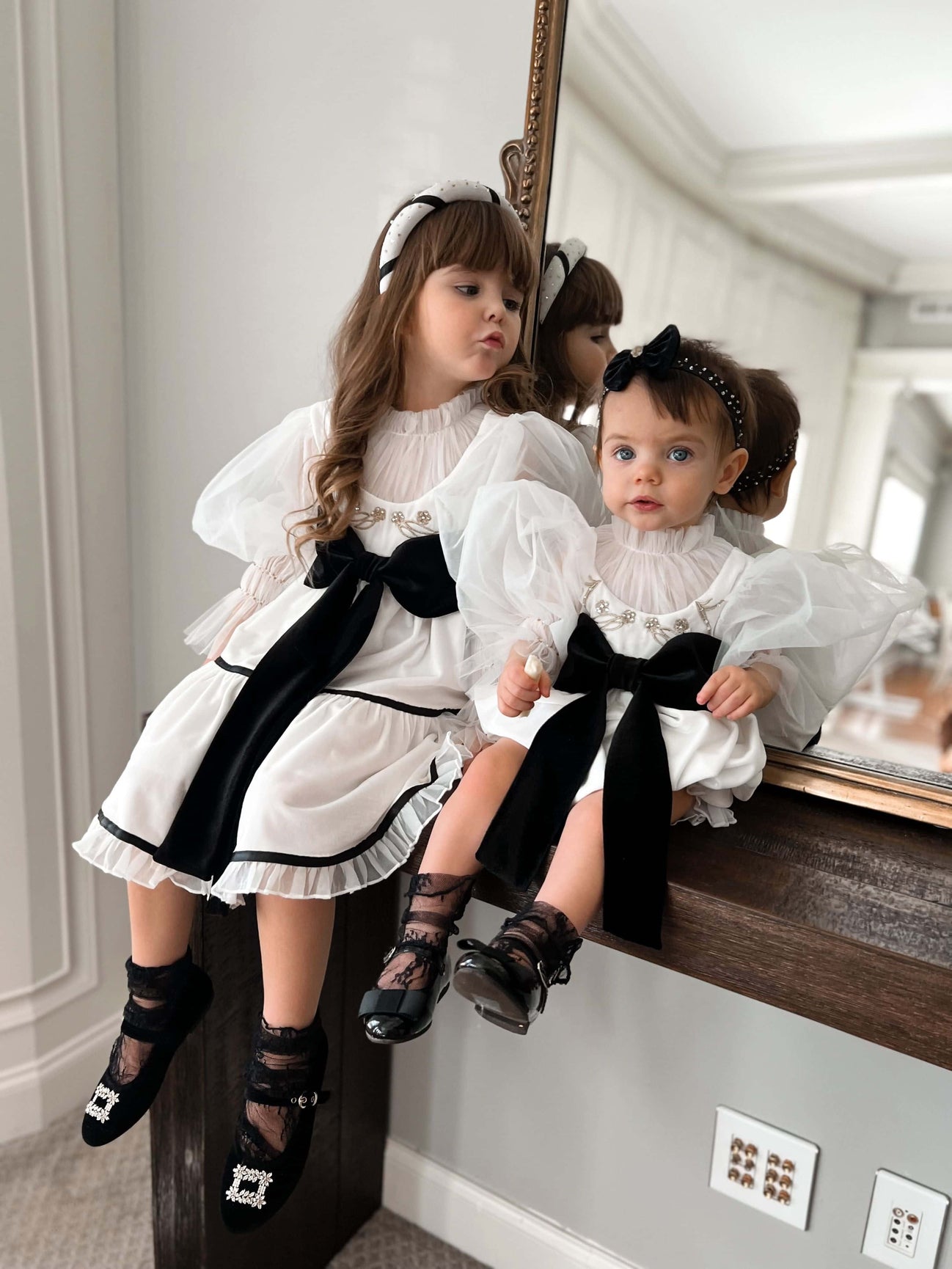 Girl | Aurora Ivory Velour Dress with Tulle Puff Sleeves