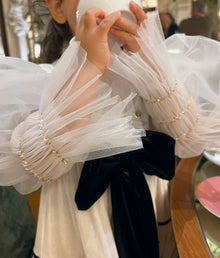Girl | Aurora Ivory Velour Dress with Tulle Puff Sleeves