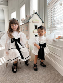 Girl | Aurora Ivory Velour Dress with Tulle Puff Sleeves