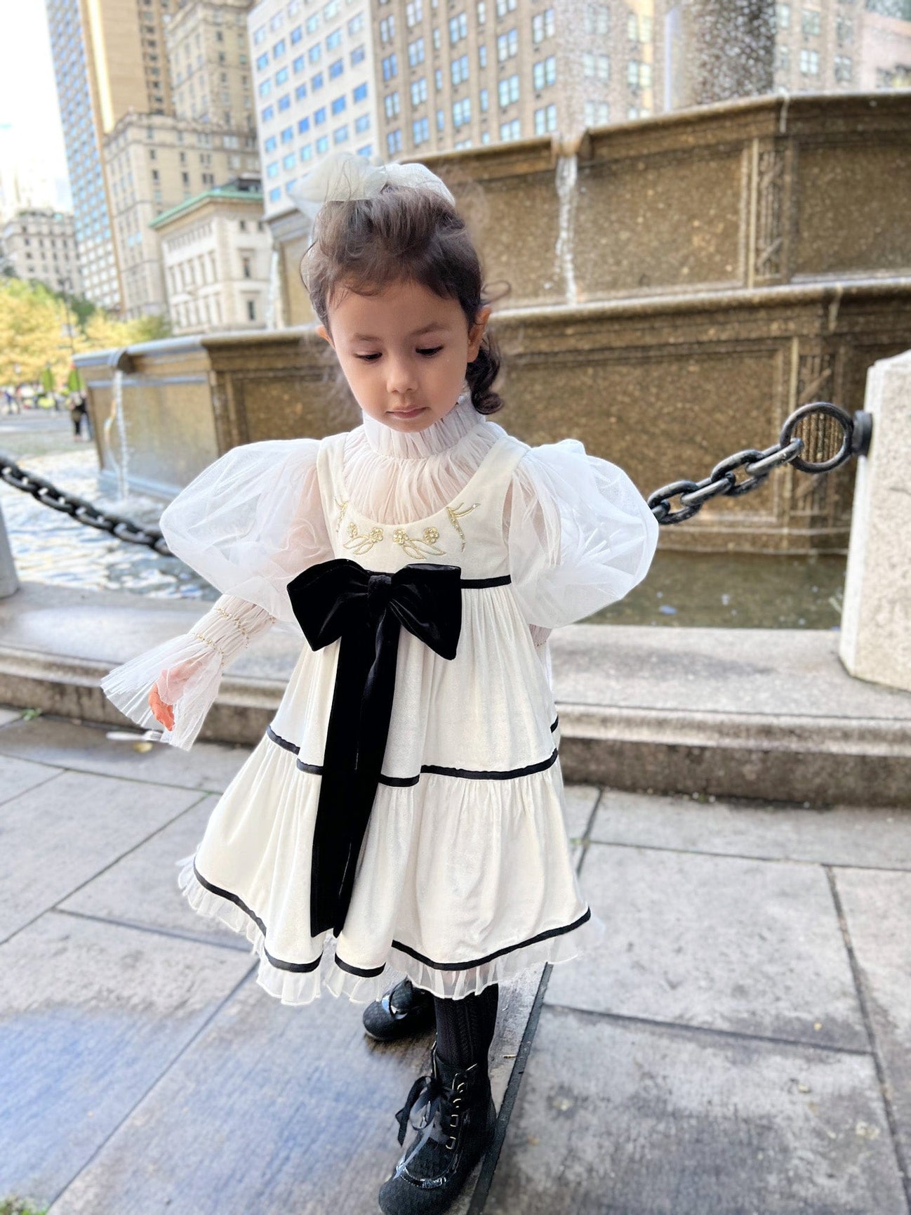 Girl | Aurora Ivory Velour Dress with Tulle Puff Sleeves