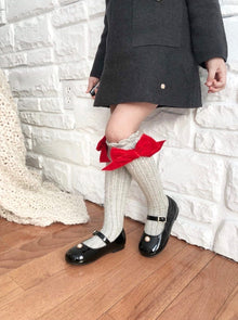 Girl | Grey Knee High Socks with Velvet Bows | Gray x Red