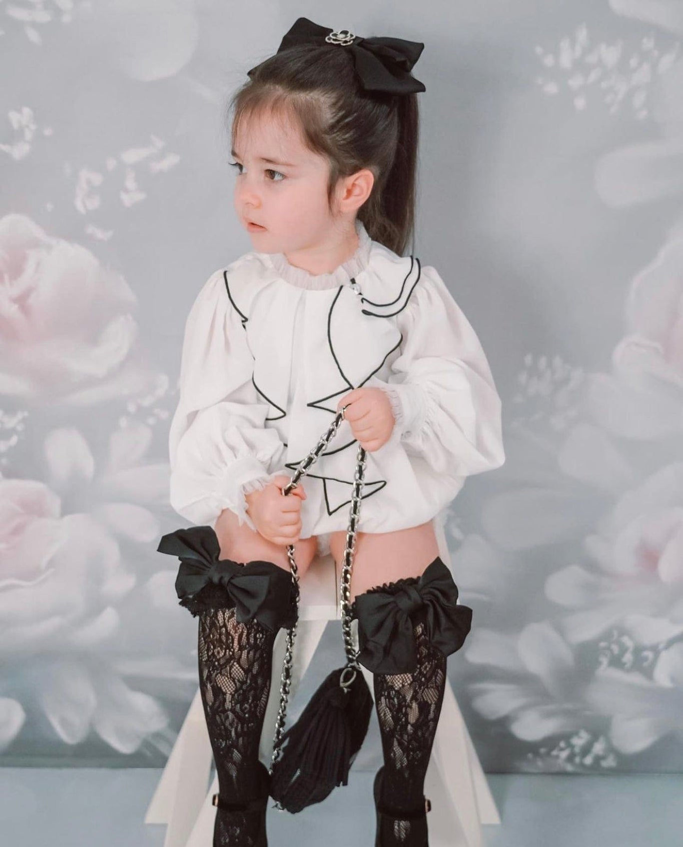Girl | Gwen Romper with Ruffle Trim | White x Black