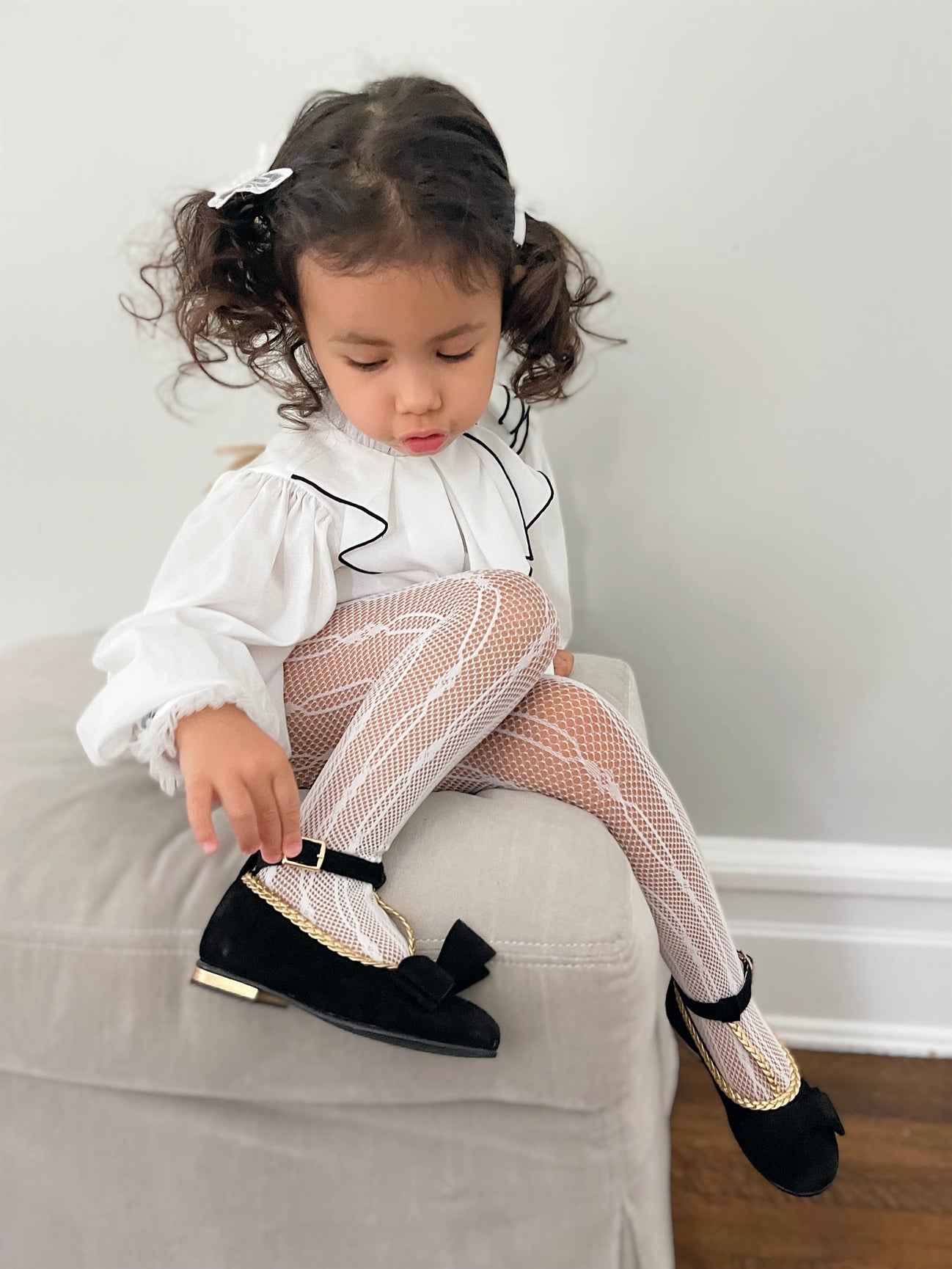 Girl | Gwen Romper with Ruffle Trim | White x Black