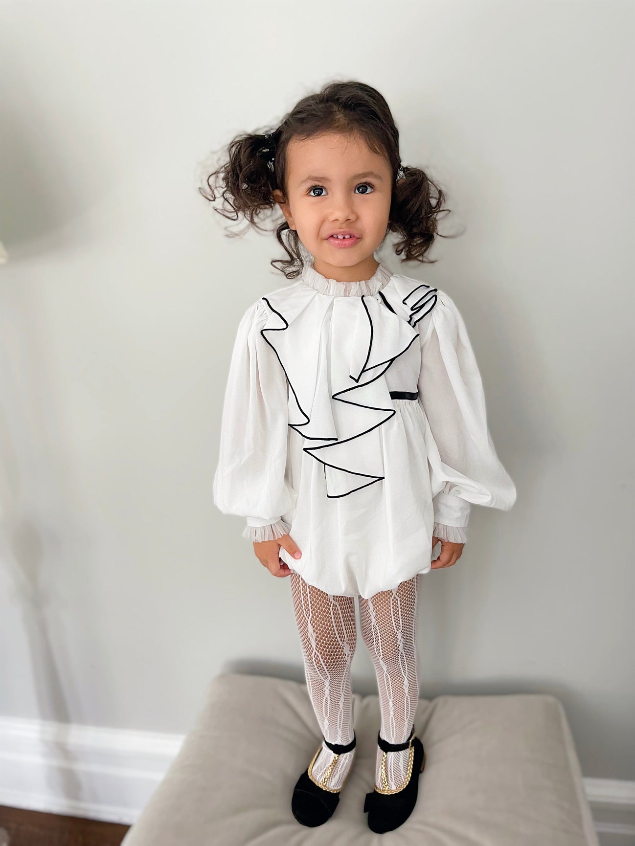 Girl | Gwen Romper with Ruffle Trim | White x Black