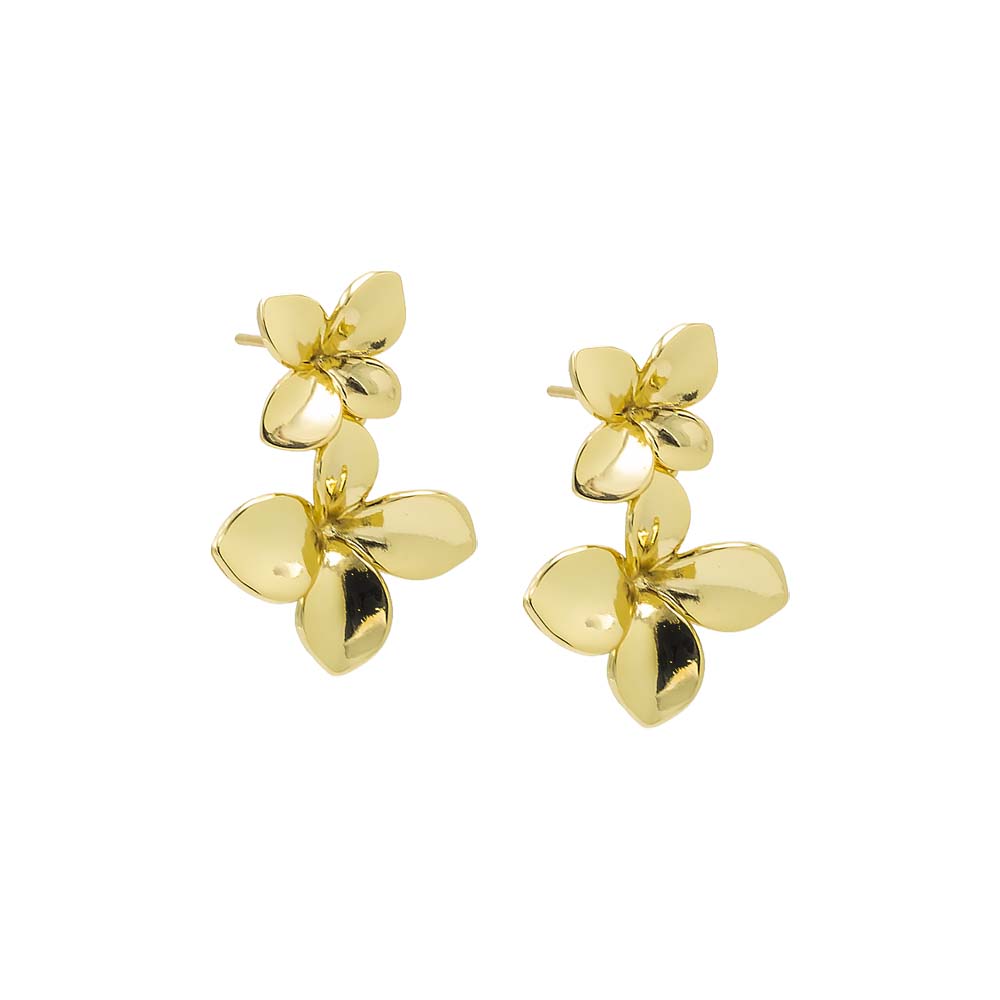 Gold Solid Graduated Double Flower Drop Stud Earring - Adina's Jewels
