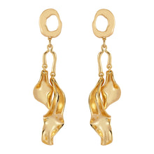 Gold Wavy Double Drop Earrings on Flat White Background