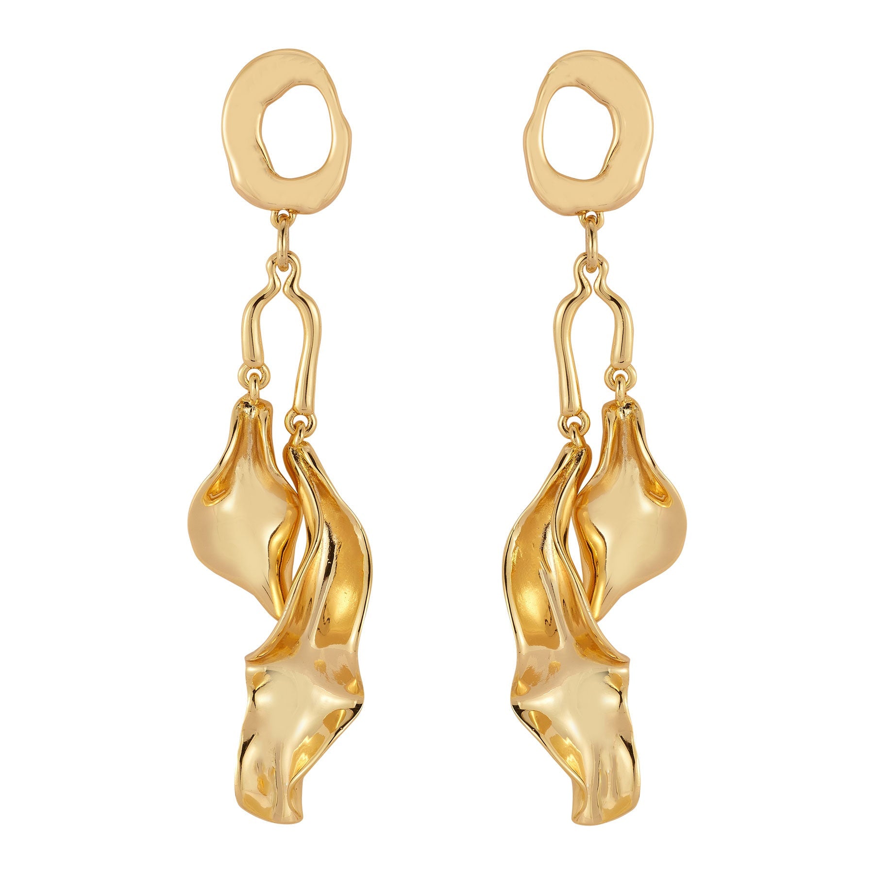 Gold Wavy Double Drop Earrings on Flat White Background