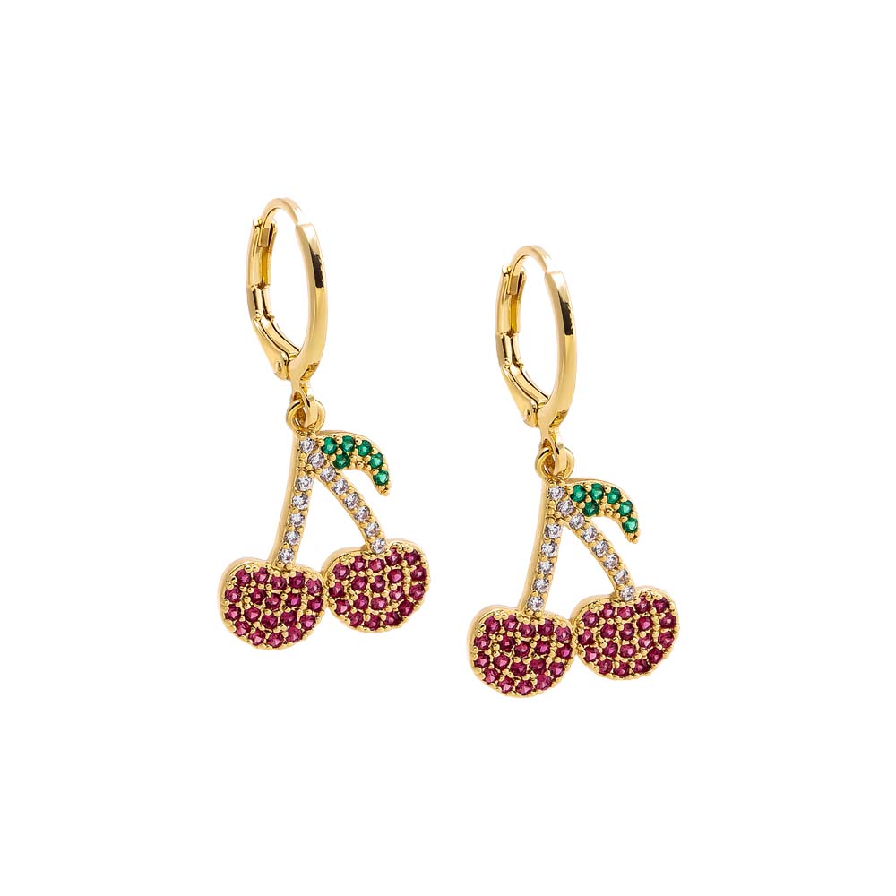 Red Colored Pave Dangling Cherry Huggie Earring - Adina's Jewels