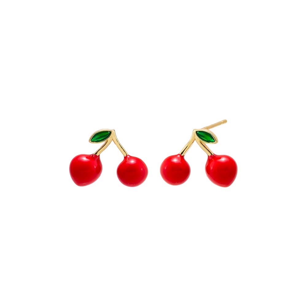 Red Red Enamel & Green CZ Cherry Stud Earring - Adina's Jewels