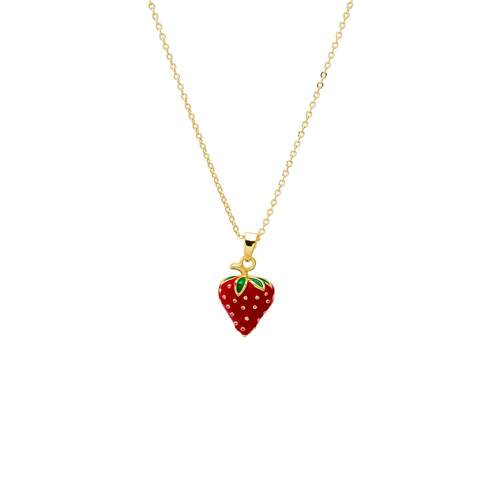 Gold Colored Enamel Strawberry Pendant Necklace - Adina's Jewels
