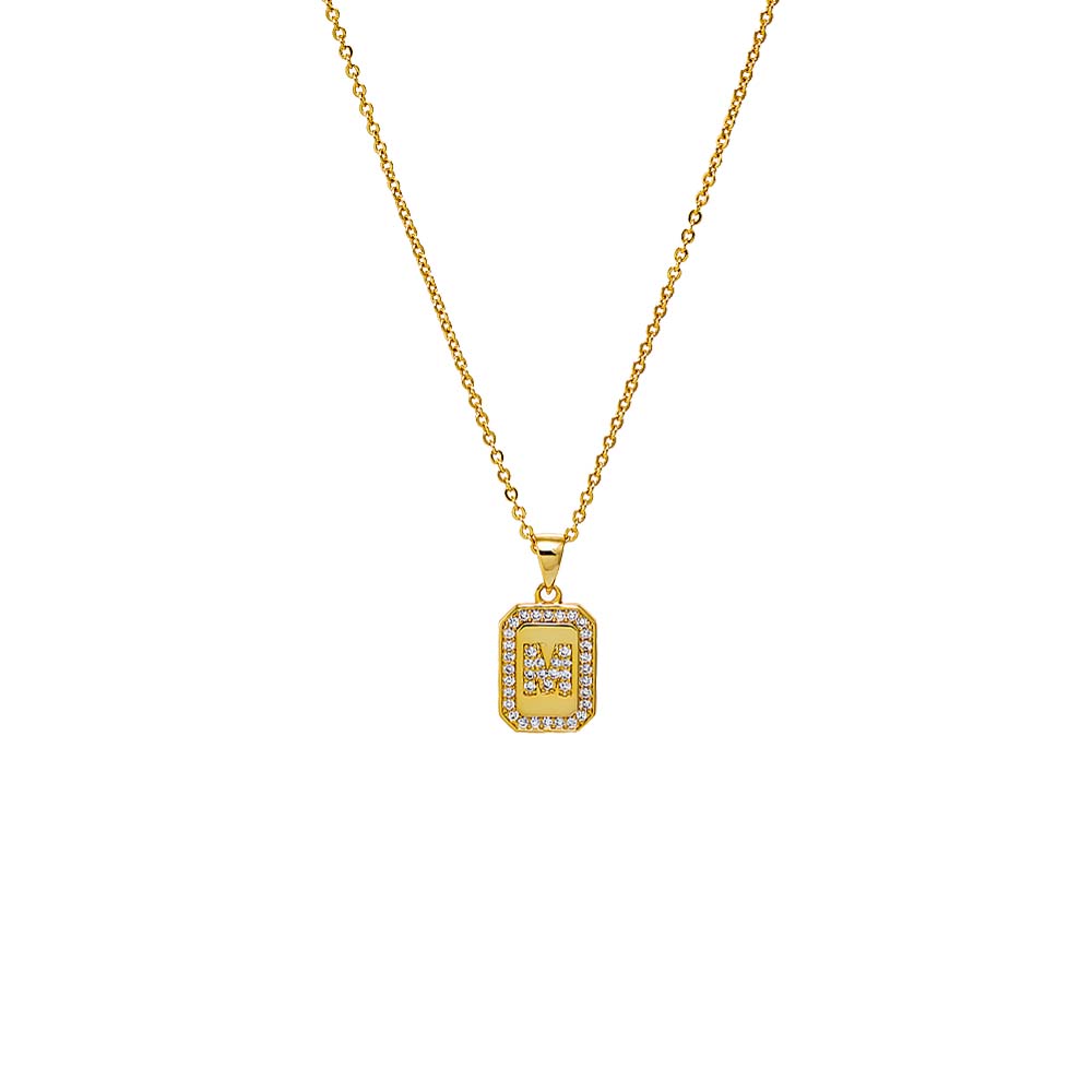 Gold / A Pave Initial Dog Tag Pendant Necklace - Adina's Jewels