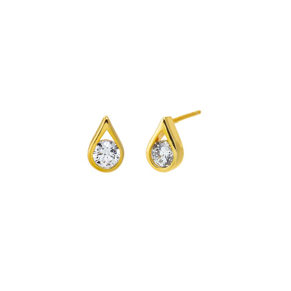 Gold CZ Round Stone Teardrop Bezel Stud Earring - Adina's Jewels