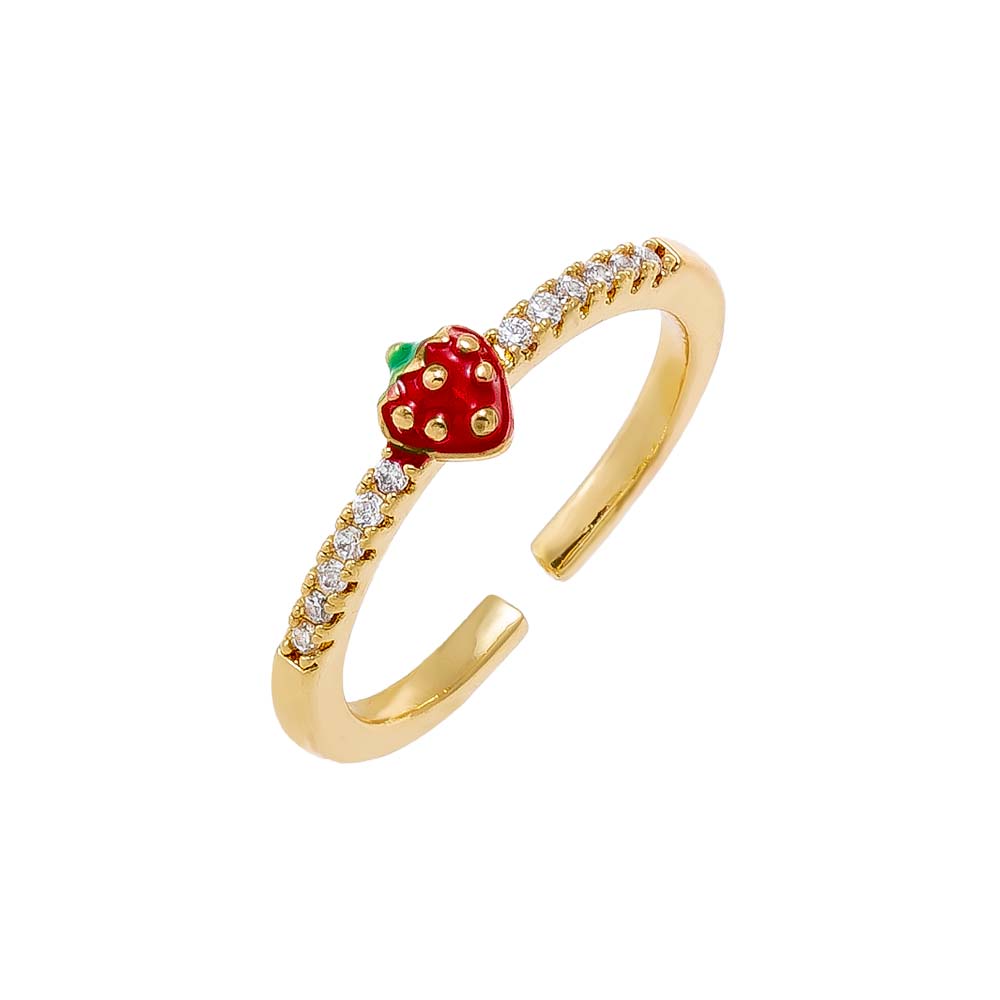 Red Tiny Pave Strawberry Enamel Adjustable Ring - Adina's Jewels