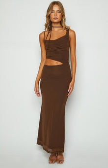 Graciela Tie Neck Mesh Maxi Dress | Brown