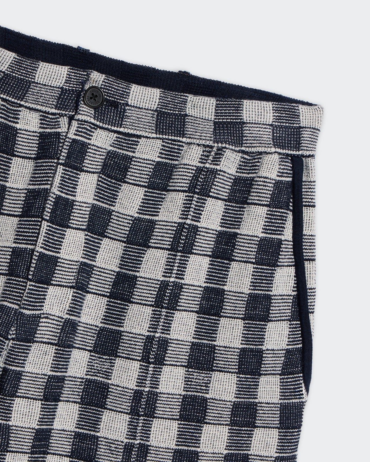 Gingham Bermuda Short - Midnight Combo with two-color jacquard gingham, pintuck, front fly, and side pockets.