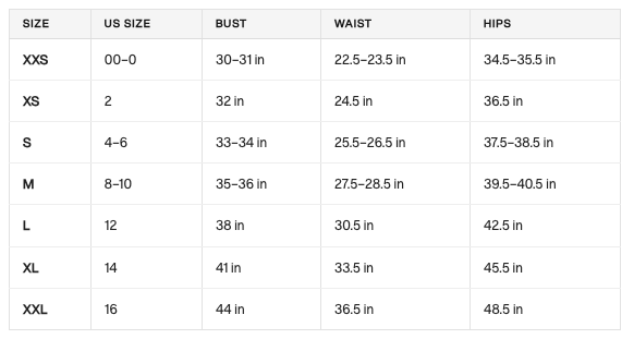 Product size guide
