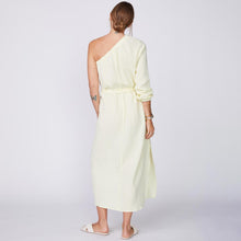 Back View of Model wearing the Gauze One Shoulder Dress in Lemon