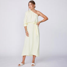 Front View of Model wearing the Gauze One Shoulder Dress in Lemon