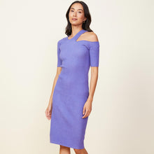 Front view of model wearing the sweater rib cut out dress in aster purple.