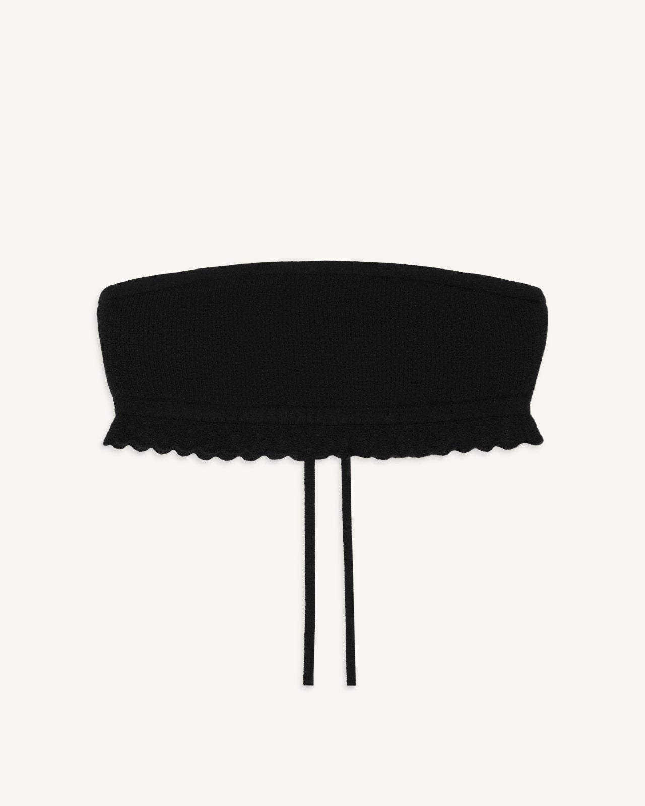 Black bandeau top with scalloped lace trim along the hem