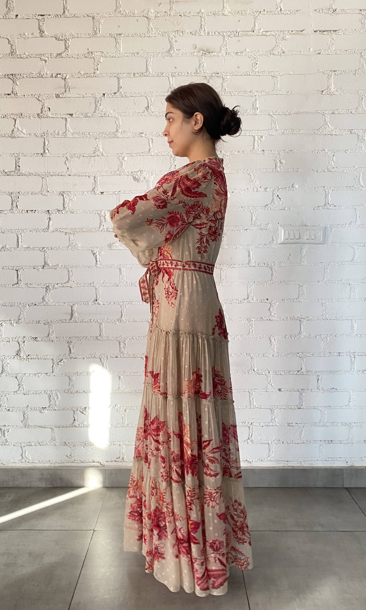 Hemant And Nandita | Aafa Viscose Georgette Gold Lurex Boota Long Dress | Red Beige