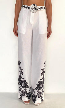 Hemant And Nandita | Aahi Linen Cotton Straight Pants With Buckle Belt | Black/White