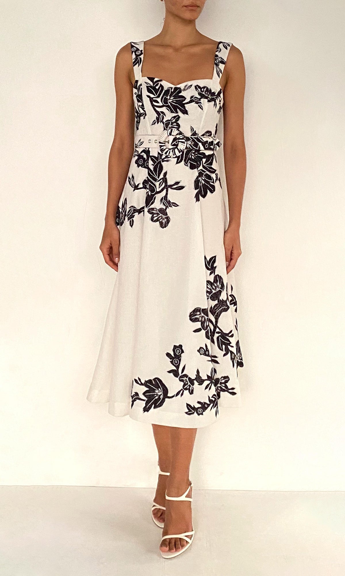 Womens | Aahi Linen Cotton Midi Dress With Buckle Belt | Black/White