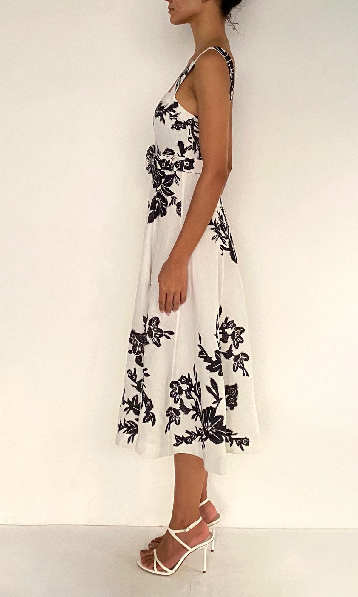Womens | Aahi Linen Cotton Midi Dress With Buckle Belt | Black/White