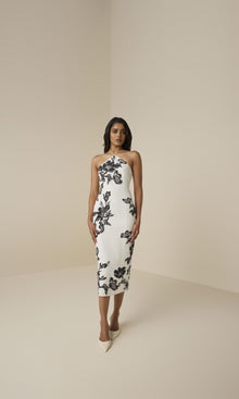 Hemant And Nandita | Aahi Linen Cotton Highlight Emb Midi Dress | Black/White