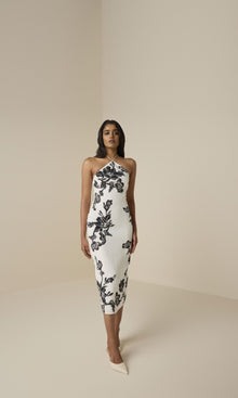 Hemant And Nandita | Aahi Linen Cotton Highlight Emb Midi Dress | Black/White