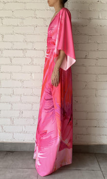 Womens | Abira Polyester Satin Lycra Long Kaftan With Belt | Pink
