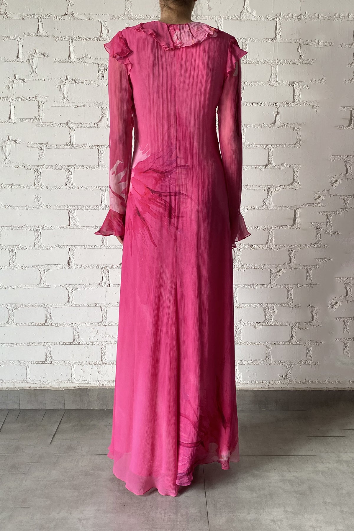 Viscose Crinkle Chiffon Long Dress | Pink