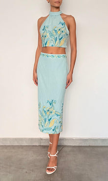 Womens | Amari Linen Cotton Fitted Midi Skirt | Turquoise Multi