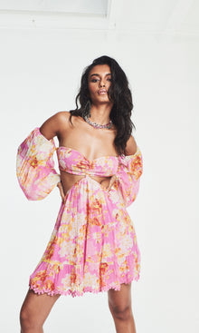 Hemant And Nandita | Auril Viscose Georgette Lurex Stripe Short Dress | Pink