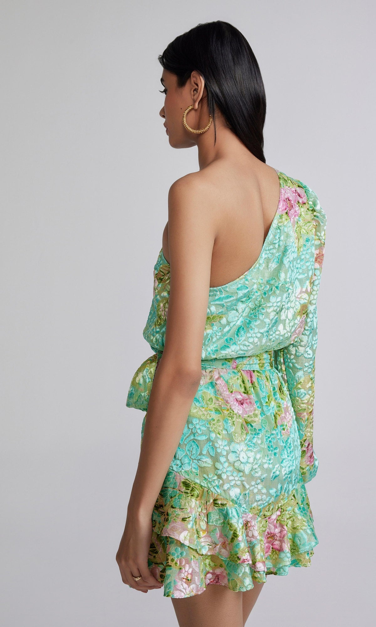 Womens | Azra Viscose Nylon Lurex Brasso Short Dress With Belt | Teal Floral
