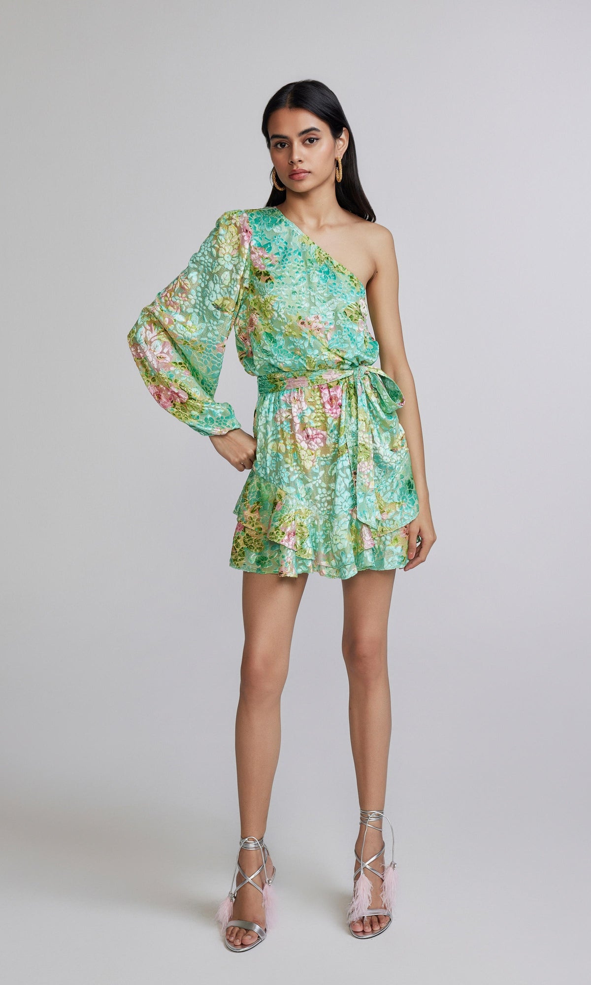 Womens | Azra Viscose Nylon Lurex Brasso Short Dress With Belt | Teal Floral