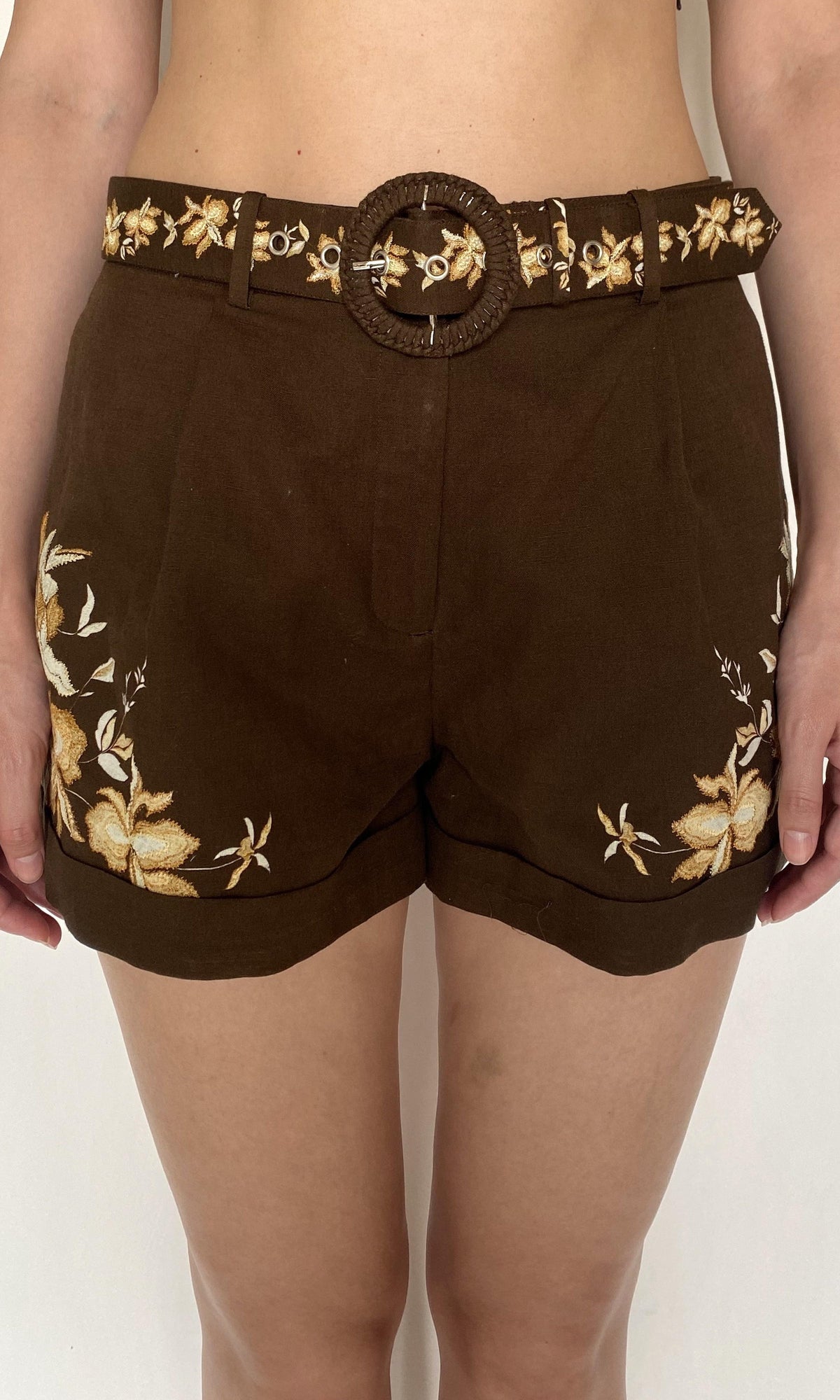 Hemant And Nandita | Bota Linen Cotton Shorts With Buckle Belt | Brown