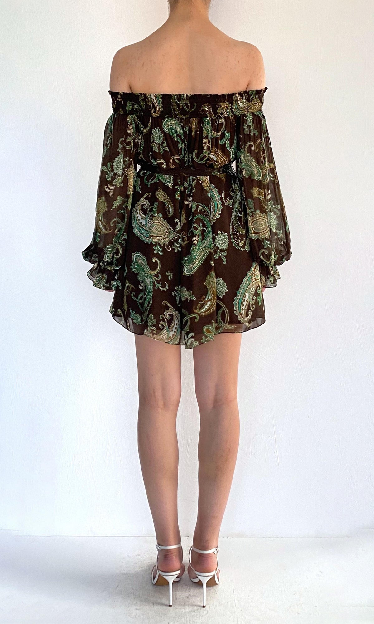 Hemant And Nandita | Dira Viscose Flat Chiffon Smocked Mini Dress | Dark Brown