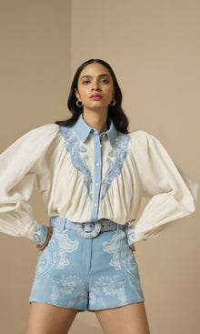 Hemant And Nandita | Fiza Cotton Yoke Shirt | Blue Ivory