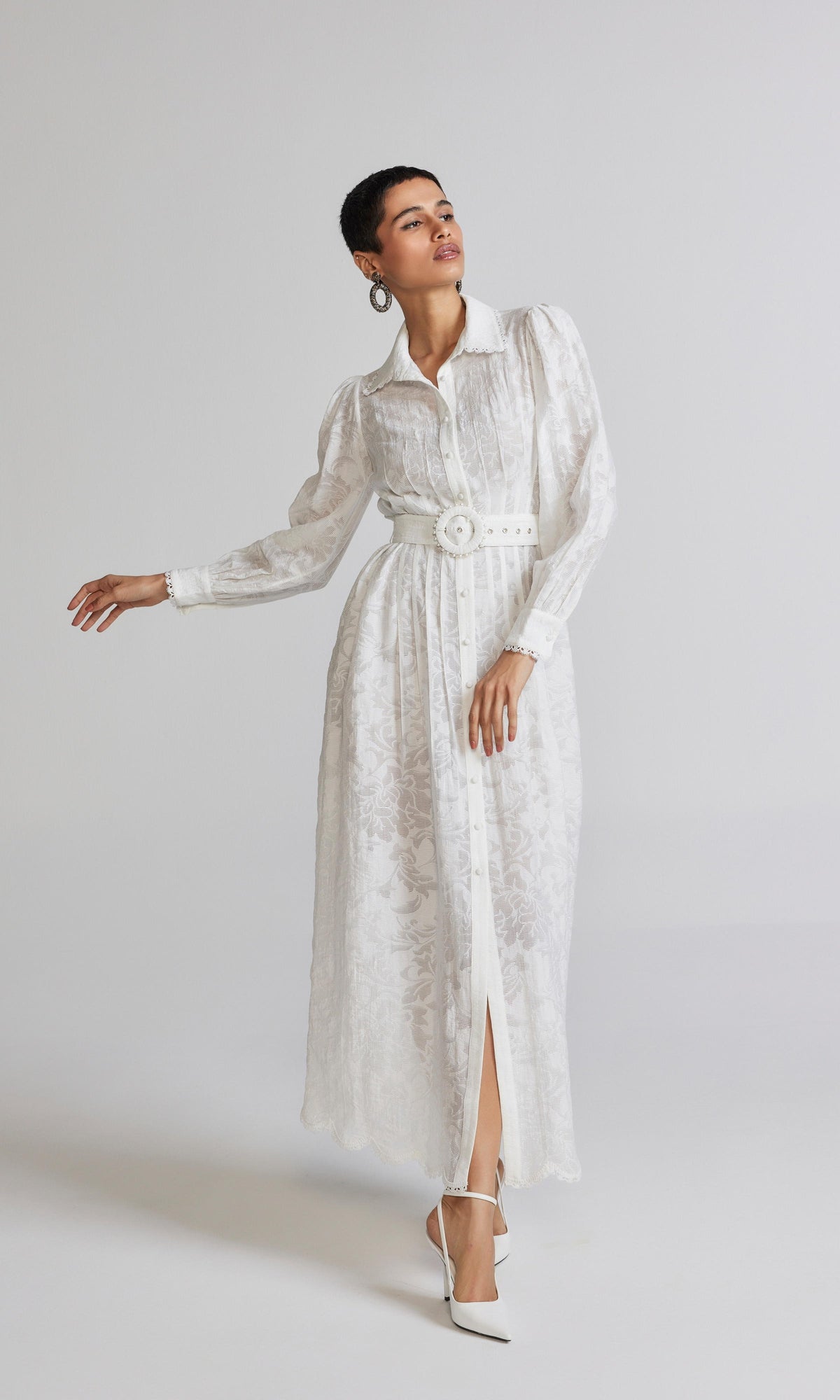 Hemant And Nandita | Ilara Viscose Nylon Jacquard Long Shirt Dress With Buckle Belt And Slip | White