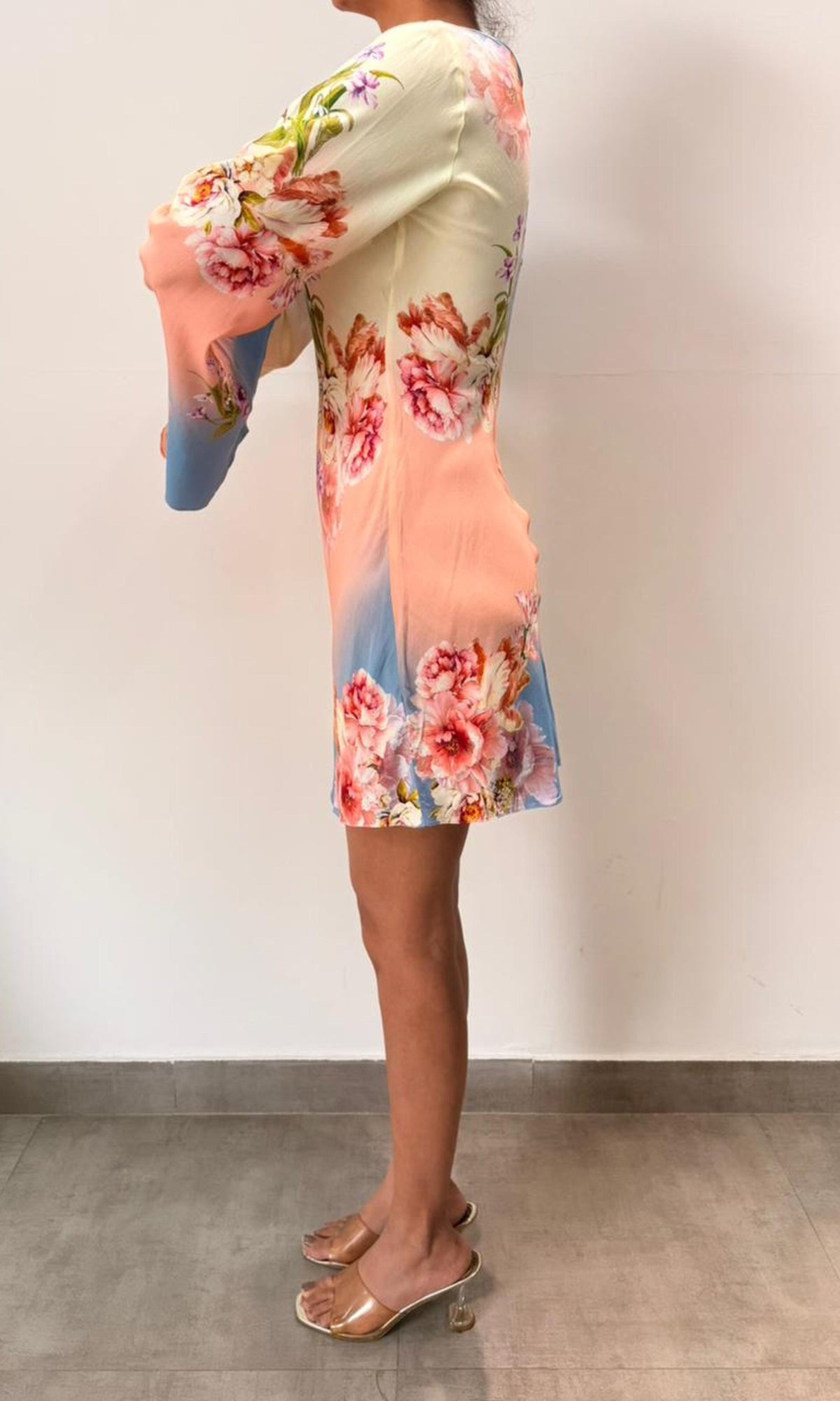 Hemant And Nandita | Inv Viscose Heavy Crepe Short Dress With Flared Bell Sleeves | Pink Floral