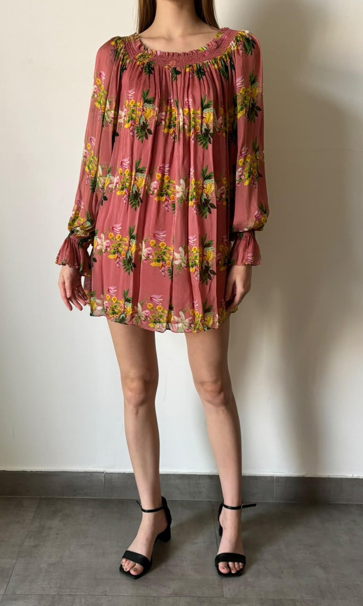 Hemant And Nandita | Inv Flat Chiffon Flowy Silhouette Short Dress | Peach