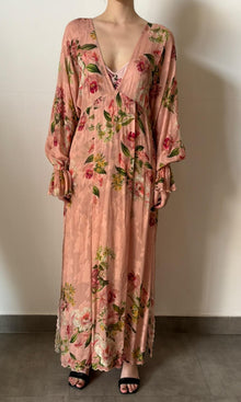 Hemant And Nandita | Inv Viscose Flower Jaquard Deep Neck Long Dress | Pink