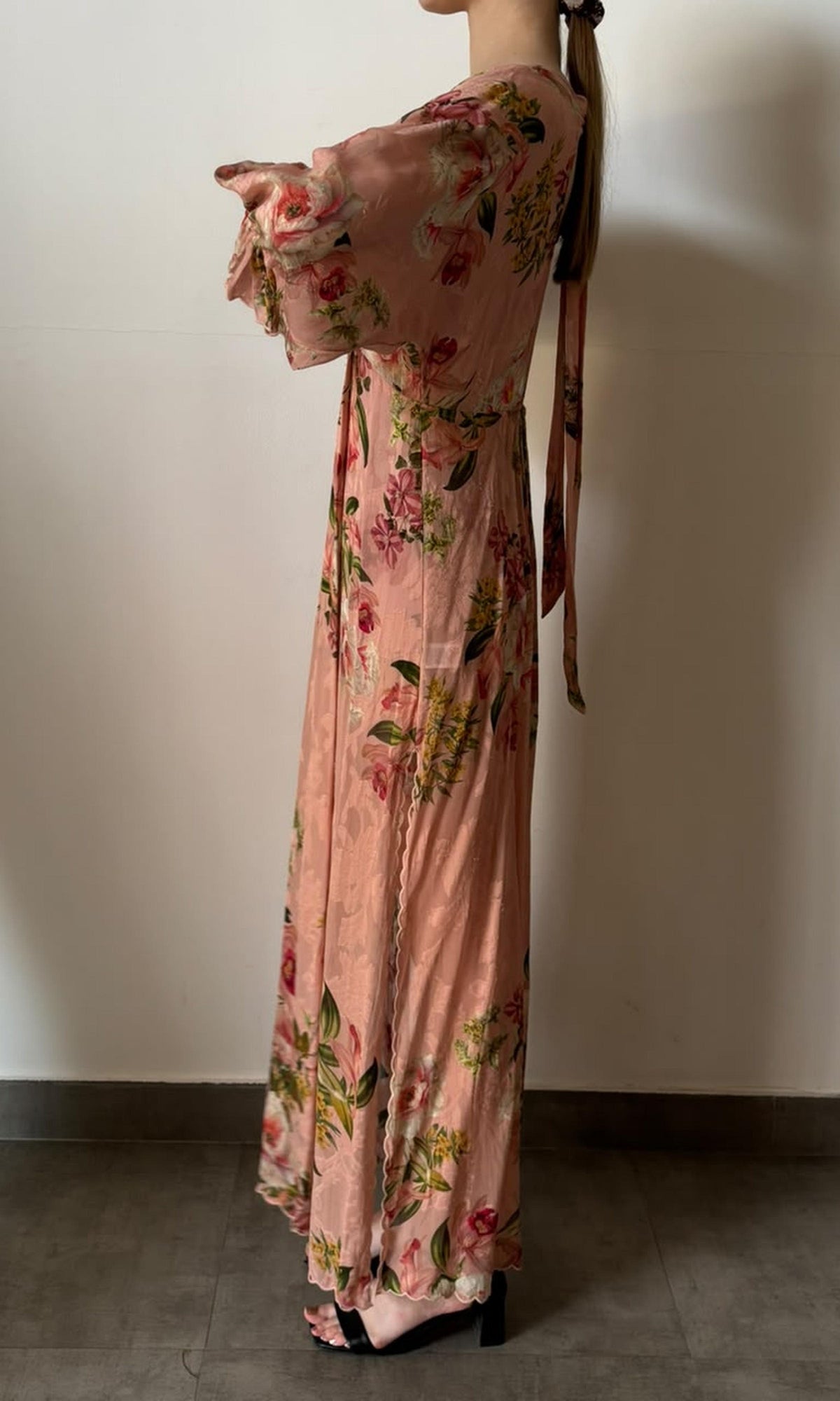 Hemant And Nandita | Inv Viscose Flower Jaquard Deep Neck Long Dress | Pink